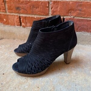 Paul Green Womens 6 Tacey Cutout Black Suede Heel Ankle Boots Booties Peeptoe